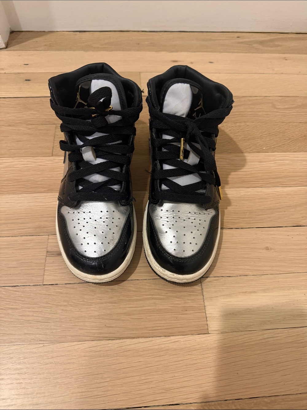 Silver and Black Patent Nike Jordans Size 3.5